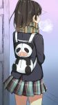  1girl backpack bag black_hair cccpo long_sleeves original panda ponytail scarf school_uniform skirt solo visible_air 