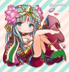  1girl anklet bangs bare_legs barefoot blue_eyes blue_hair blunt_bangs chibi circlet diagonal_stripes flower hair_flower hair_ornament jewelry lying marshmallow_mille on_back parvati_(p&amp;d) petals puzzle_&amp;_dragons smile solo striped striped_background twitter_username 