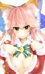  1girl absurdres animal_ears blush breasts caster_(fate/extra) christmas cleavage fang fate/extra fate/grand_order fate/stay_night fate_(series) fox_ears fox_tail hair_ribbon highres hijack large_breasts long_hair merry_christmas open_clothes open_shirt pink_hair pointing pointing_at_self ribbon shirt solo tail twintails yellow_eyes 