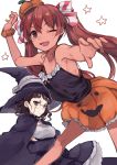  2girls ;d blush brown_eyes brown_hair crossed_arms dark_skin dress flat_chest glasses hair_ribbon halloween hat hita_(hitapita) kantai_collection libeccio_(kantai_collection) long_hair looking_at_viewer multiple_girls one_eye_closed open_mouth pumpkin_hat pumpkin_skirt ribbon roma_(kantai_collection) simple_background smile star sweatdrop teeth twintails white_background witch_hat 