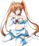 1girl breasts cleavage detached_sleeves high_school_dxd highres long_hair one_eye_closed orange_hair shidou_irina skirt solo thigh-highs transparent_background twintails violet_eyes white_legwear 