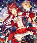  1girl antlers black_hair blonde_hair blue_eyes brown_hair christmas elbow_gloves fake_horns fake_mustache gloves hair_flaps hair_ornament hair_ribbon hairband hairclip hat highres kantai_collection kawakaze_(kantai_collection) long_hair merry_christmas red_eyes reindeer_antlers remodel_(kantai_collection) ribbon sack saijou_yukina santa_costume santa_hat scarf school_uniform serafuku shigure_(kantai_collection) skirt smile thigh-highs twintails very_long_hair yuudachi_(kantai_collection) 