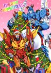  3boys antlers autobot christmas christmas_lights christmas_ornaments christmas_tree gift hat highres insignia merry_christmas multiple_boys reindeer_antlers rodimus santa_hat scarf t.a.c.k. tailgate text transformers ultra_magnus 