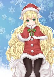  1girl aru_gunsou bag black_legwear capelet dress fairy_tail green_eyes hat head_wings long_hair looking_at_viewer mavis_vermilion pantyhose red_dress santa_costume santa_hat smile solo thighband_pantyhose very_long_hair 