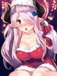  1girl blue_eyes breasts cleavage collarbone gloves granblue_fantasy hair_ornament hair_over_one_eye hairpin hat horns large_breasts long_hair looking_at_viewer narumeia_(granblue_fantasy) open_mouth pointy_ears purple_hair red_gloves santa_costume santa_hat solo yuuji_(yukimimi) 