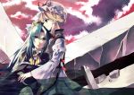 2girls ascot blonde_hair cape capelet clouds cloudy_sky dress expressionless eyes_visible_through_hair fingernails green_hair hair_ribbon hair_up half-closed_eyes hat hat_ribbon head_on_chest head_on_head hug juliet_sleeves katayama_kei leaning_on_person long_hair long_sleeves looking_at_viewer looking_to_the_side mima mob_cap multiple_girls partially_submerged profile puffy_sleeves ribbon ruins sidelocks sky smile tabard touhou touhou_(pc-98) tress_ribbon twilight white_dress yakumo_yukari yellow_eyes 