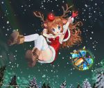  1girl animal_ears antlers armpits blue_eyes boots brown_hair capelet christmas dress gift gloves long_hair mintchoco_(orange_shabette) night red_nose smile snowing solo thigh-highs tree wavy_hair 