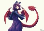  1girl animal_ears bare_shoulders clenched_hands dated dress fur hair_over_one_eye light_smile long_hair looking_to_the_side low_twintails lutherniel manticore_(monster_girl_encyclopedia) monster_girl monster_girl_encyclopedia paws purple_hair ribbed_dress signature simple_background sleeveless sleeveless_dress solo tail twintails white_background wings yellow_eyes 