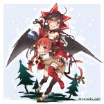  2girls alternate_costume animal_ears antlers bag bare_shoulders bell bird_wings black_hair black_legwear black_wings boots braid carrying cat_ears dress elbow_gloves extra_ears gloves hair_bell hair_ornament kaenbyou_rin long_hair multiple_girls multiple_tails open_mouth pointy_ears red_boots red_eyes red_gloves redhead reindeer_antlers reiuji_utsuho ribbed_sweater ribbon santa_boots santa_costume smile sweater sweater_dress tail tail_bell tail_ribbon thigh-highs third_eye touhou toutenkou two_tails very_long_hair wings zettai_ryouiki 