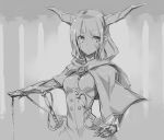  1girl capelet chain compass earrings expressionless gauntlets hand_on_hip horns jewelry long_hair looking_to_the_side monochrome original outstretched_arm outstretched_hand pointy_ears sheath sheathed solo sword_hilt tomonao underbust upper_body 