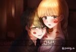 1boy 1girl alternate_costume amami_rantarou bangs bare_shoulders black_shirt blonde_hair blurry blurry_background braid caught check_copyright closed_mouth collared_shirt commentary_request commission copyright_request couple dangan_ronpa_(series) dangan_ronpa_v3:_killing_harmony ear_piercing eyebrows_visible_through_hair green_eyes green_hair hetero indoors lipstick_mark long_hair looking_at_viewer mole mole_under_eye off_shoulder open_mouth original piercing porary shirt short_hair smile teeth upper_body watermark