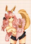  1girl animal_ears black_legwear breast_hold breasts caster_(fate/extra) cleavage collarbone fate/extra fate_(series) fox_ears fox_tail groin hair_ribbon highres ho-mei large_breasts long_hair panties pink_hair ribbon solo tail thigh-highs twintails underwear yellow_eyes 