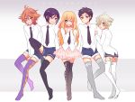  5boys ;3 argyle argyle_legwear atsushi_toushirou black_hair black_legwear blonde_hair blue_eyes brown_eyes brown_hair copyright_name crossdressinging gokotai gotou_toushirou grey_eyes grey_legwear grin hair_over_one_eye male_focus midare_toushirou multiple_boys necktie nightcat otoko_no_ko purple_legwear shorts skirt smile thigh-highs touken_ranbu v violet_eyes white_hair white_legwear yagen_toushirou yellow_eyes 