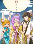  3boys ;d animal_ears animal_on_head axe black_hair blue_eyes bun_cover chinese_clothes egasumi fan fang full_moon green_eyes grin hachisuka_kotetsu hair_rings hand_on_hip japanese_clothes kamekichi male_focus moon multicolored_hair multiple_boys nagasone_kotetsu nightcat one_eye_closed open_mouth orange_hair paper_fan purple_hair rabbit_ears smile tanabata touken_ranbu translation_request turtle two-tone_hair uchiwa urashima_kotetsu weapon yellow_eyes 