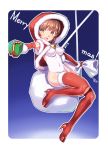  1girl bell box breasts brown_eyes brown_hair christmas covered_navel elbow_gloves fur_trim gift gift_box gloves hood large_breasts looking_at_viewer one-piece_swimsuit original outstretched_arm red_gloves red_legwear sack smile solo swimsuit thigh-highs white_swimsuit yukimura_tsubame 
