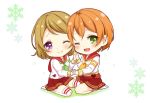  2girls ;) ;d blush chibi girls green_eyes heart holding_hands hoshizora_rin koizumi_hanayo love_live!_school_idol_project multiple_girls natsu_(natume0504) neckerchief no_shoes one_eye_closed open_mouth school_uniform seiza serafuku short_hair sitting skirt smile snowflakes violet_eyes yuri 