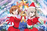  2girls :d antlers bandages bell bell_collar belt black_eye blush brown_eyes brown_hair capelet christmas collar copyright_name cowboy_shot dress elbow_gloves girls_und_panzer gloves hair_ribbon heart holding hoodie injury looking_at_viewer merry_christmas multiple_girls nishizumi_miho official_art open_mouth outstretched_hand pleated_dress pleated_skirt reaching_out red_dress red_gloves red_shirt red_skirt ribbon santa_costume shimada_arisu shirt side_ponytail skirt sleeveless sleeveless_shirt smile star stuffed_animal stuffed_reindeer stuffed_toy symmetrical_hand_pose teddy_bear 
