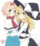  2girls alice_margatroid blonde_hair blue_hair hairband hug kirisame_marisa long_hair touhou witch_hat yellow_eyes 