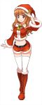  1girl artist_request bell blush boots cross-laced_footwear full_body girls_und_panzer hat hat_ornament highres long_hair long_sleeves looking_at_viewer midriff navel official_art orange_eyes orange_hair red_boots red_shirt salute santa_costume santa_hat shirt short_shorts shorts smile solo standing star takebe_saori thigh-highs white_background white_legwear 