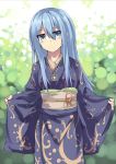  1girl blue_eyes blue_hair blush gishki_ariel japanese_clothes kimono long_hair looking_at_viewer nomalandnomal sash solo yuu-gi-ou 