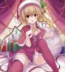  &gt;:o 1girl :o blonde_hair blush capelet christmas colored_eyelashes dress flandre_scarlet gift gift_bag hair_between_eyes hand_on_own_chest hat highres janne_cherry looking_at_viewer open_mouth red_dress red_eyes red_legwear santa_hat short_dress short_hair side_ponytail sitting solo thigh-highs thighs touhou 