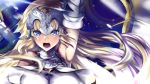  1girl arm_up armor bare_shoulders blonde_hair blue_eyes breasts chain close-up detached_sleeves ep_(emio_parn) fate/grand_order fate_(series) headpiece highres jeanne_d&#039;arc long_hair open_mouth ruler_(fate/apocrypha) solo upper_body 