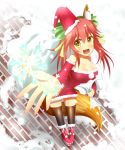  1girl absurdres alternate_costume animal_ears bag bare_shoulders black_legwear blush breasts caster_(fate/extra) christmas cleavage collarbone detached_sleeves fate/grand_order fate/stay_night fate_(series) fox_ears fox_tail hair_ornament hair_ribbon highres large_breasts long_hair looking_at_viewer open_mouth pink_hair pom_pom_(clothes) ribbon santa_costume snow solo tail thigh-highs twintails 
