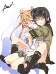  2girls abukuma_(kantai_collection) artist_name bangs black_hair black_legwear blonde_hair blue_eyes blunt_bangs blush buttons closed_eyes double_bun hair_between_eyes hair_rings hand_on_another&#039;s_arm hand_on_another&#039;s_head hug hug_from_behind kantai_collection kitakami_(kantai_collection) kneehighs long_hair mtu_(orewamuzituda) multiple_girls pleated_skirt school_uniform serafuku shadow short_sleeves signature sitting skirt smile twintails uniform wariza 