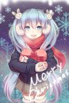  1girl :d blue_eyes blue_hair breath bunny_hair_ornament coat earmuffs english fur_trim gift hair_ornament hatsune_miku highres long_hair long_sleeves looking_at_viewer merry_christmas mittens object_hug open_mouth pleated_skirt scarf skirt smile snowflakes solo thigh-highs thigh_gap twintails very_long_hair vocaloid xiao_chichi zettai_ryouiki 