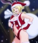  1girl ;d animal_ears blonde_hair breasts character_request hand_on_hip haruyama_kazunori hat looking_at_viewer navel one_eye_closed open_mouth project_x_zone_2 rabbit_ears santa_hat short_hair smile solo yellow_eyes 