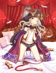  1girl animal_ears armor bed_sheet feathers granblue_fantasy hooded_cloak keepvalley kneeling long_hair looking_at_viewer microskirt on_bed one_eye_closed pillow red_eyes see-through skasaha_(granblue_fantasy) skirt smile solo white_hair 