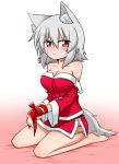  1girl :/ animal_ears bare_shoulders barefoot blush breasts cleavage collarbone detached_sleeves gift_wrapping inubashiri_momiji katsumi5o large_breasts looking_at_viewer off_shoulder santa_costume seiza short_hair silver_hair sitting skirt skirt_set solo sweatdrop tail tears touhou wolf_ears wolf_tail wrapped_up 