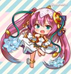  1girl anklet aqua_eyes barefoot bracelet chibi detached_sleeves diagonal_stripes jewelry lakshmi_(p&amp;d) marshmallow_mille outstretched_arms purple_hair puzzle_&amp;_dragons solo spread_arms striped striped_background twintails twitter_username 