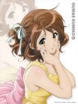  1girl brown_eyes brown_hair character_name dress hair_ribbon hands_on_own_cheeks hands_on_own_face hibike!_euphonium highres ikeda_shouko official_art oumae_kumiko ribbon solo yellow_dress zoom_layer 
