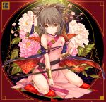  1girl alternate_costume anklet bare_shoulders blush bracer brown_eyes brown_hair cape china_dress chinese_clothes earmuffs floral_background flower hair_ornament highres jewelry looking_at_viewer moneti_(daifuku) peony_(flower) pillow pointy_hair ritual_baton short_hair sitting sleeveless smile solo sword touhou toyosatomimi_no_miko weapon 