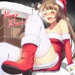  1girl artist_name bare_shoulders blush boots breasts brown_hair christmas cleavage closed_eyes hat highres long_hair love_live!_school_idol_project merry_christmas minami_kotori miton15 open_mouth panties red_boots redhead santa_costume santa_hat side_ponytail sitting solo tears thigh-highs underwear white_legwear 
