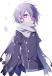  ahoge androgynous glowing glowing_eyes hijiri_(resetter) looking_at_viewer original scarf short_hair silver_hair simple_background sleeves_past_wrists snow solo torn_clothes upper_body violet_eyes white_background 