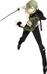  1boy full_body green_hair katana looking_at_viewer male_focus official_art parted_lips shirano short_hair simple_background solo sword torn_clothes touken_ranbu transparent_background uguisumaru weapon 