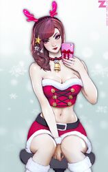  1girl antlers bell bell_collar belt breasts brown_hair cleavage collar hair_ornament long_hair midriff navel paul_kwon self_shot sitting solo violet_eyes 