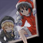  2girls ;) alternate_costume black_hair black_santa_costume blonde_hair blue_eyes braid christmas climbing commentary_request dairi grin hair_tubes hakurei_reimu hat kirisame_marisa lowres mittens multiple_girls one_eye_closed over_shoulder sack santa_costume santa_hat single_braid smile touhou window yellow_eyes 