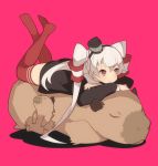  1girl :3 amatsukaze_(kantai_collection) brown_eyes capybara child closed_eyes crossed_arms crossed_legs full_body hair_tubes hairband hajime_(hajime-ill-1st) hat headgear kantai_collection legs_up long_hair long_sleeves lying magenta_background mini_hat no_pants on_animal on_stomach red_eyes red_legwear sailor_dress simple_background sleeping smile solo striped striped_legwear thigh-highs twintails two_side_up white_hair zettai_ryouiki 