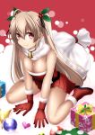 1girl brown_eyes brown_hair gift gloves hair_ornament highres kantai_collection kuromayu long_hair murasame_(kantai_collection) sack santa_costume skirt smile solo twintails 