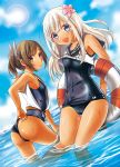  2girls blue_eyes brown_eyes brown_hair i-401_(kantai_collection) innertube kantai_collection long_hair multiple_girls open_mouth pei ponytail ro-500_(kantai_collection) school_swimsuit shiny shiny_clothes silver_hair smile swimsuit tan tanline wet wet_clothes 