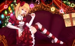  1girl alternate_costume bakanoe blonde_hair bow box brick_wall candy candy_cane christmas christmas_tree corset couch cross-laced_clothes dress flandre_scarlet food frilled_dress frills from_side gift gift_box glowing glowing_wings hair_bow highres holding_food indoors lace-trimmed_collar lollipop no_shoes one_side_up pom_pom_(clothes) puffy_short_sleeves puffy_sleeves red_bow red_dress red_eyes red_ribbon ribbon santa_costume short_over_long_sleeves short_sleeves sitting small_breasts solo star striped striped_legwear thigh-highs touhou wings 