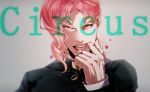  1boy blurry earrings fangs gakuran jewelry jojo_no_kimyou_na_bouken kakyouin_noriaki kiki_(shark___69) male_focus open_mouth pink_eyes pink_hair school_uniform smile solo upper_body 