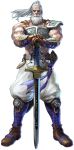  1boy absurdres beard edge_master facial_hair facial_mark floating_hair forehead_mark full_body gloves high_ponytail highres kawano_takuji long_hair official_art ponytail simple_background solo soulcalibur soulcalibur_v sword tattoo weapon white_background white_hair 