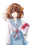  1girl blue_skirt brown_eyes brown_hair hair_ribbon hand_on_hip highres longmei_er_de_tuzi looking_at_viewer orange_ribbon ribbon school_uniform simple_background skirt solo suzumiya_haruhi suzumiya_haruhi_no_yuuutsu white_background 