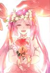  1girl :d bangle blush bracelet dress euryale fate/grand_order fate_(series) flower highres jewelry long_hair necklace open_mouth purple_hair smile solo_focus twintails wreath ycco_(estrella) 