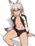  1girl animal_ears arm_support collarbone expressionless fox_tail green_eyes kageshio_(276006) long_hair looking_at_viewer navel no_bra original shadow shorts silver_hair simple_background solo spread_legs tail 