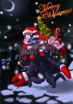  1girl brown_hair crossover d.va_(overwatch) facial_mark fake_antlers fallout hat highres kim_yj long_hair merry_christmas mirelurk open_mouth overwatch santa_hat smile 